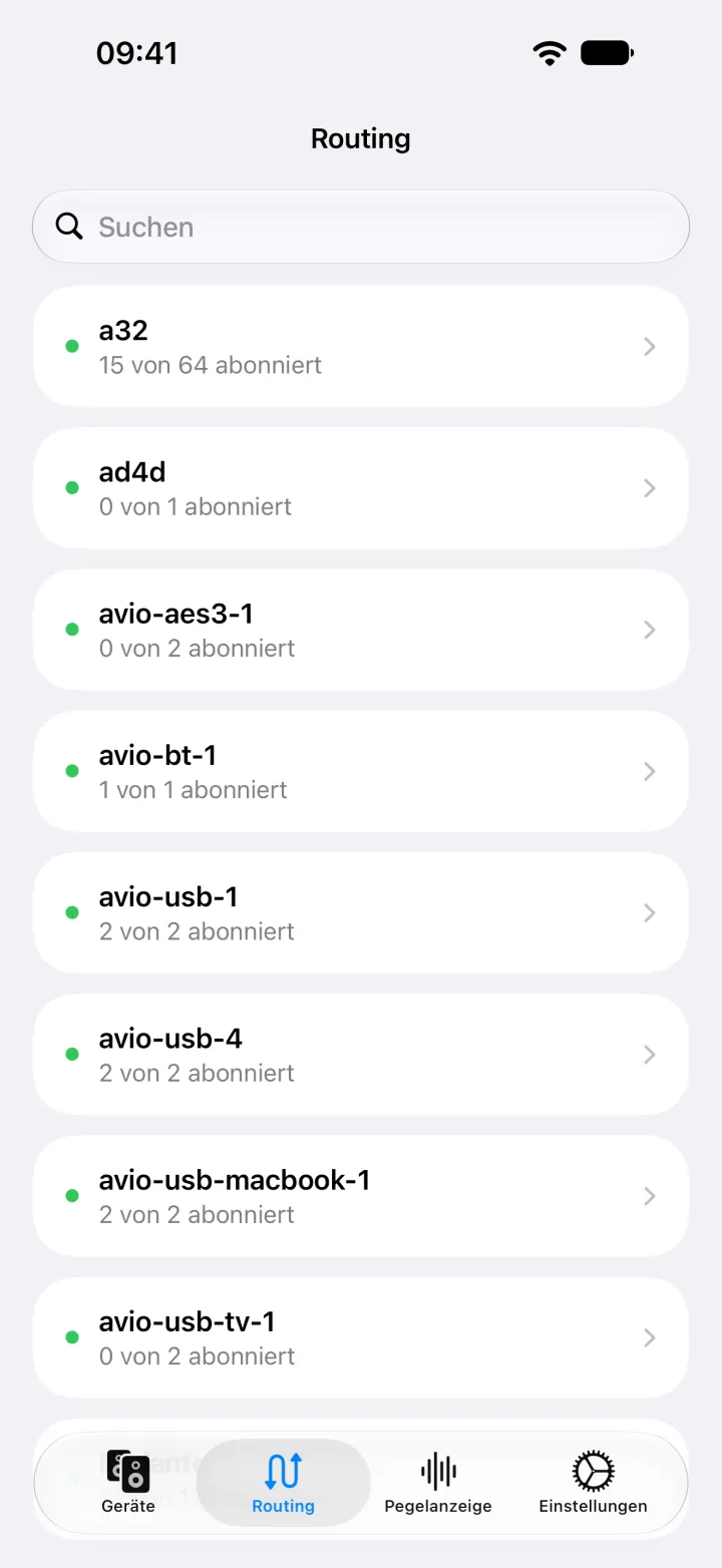 Routing auf dem iPhone mit allen Geräten und der Anzahl ihrer abonnierten Empfangskanäle.