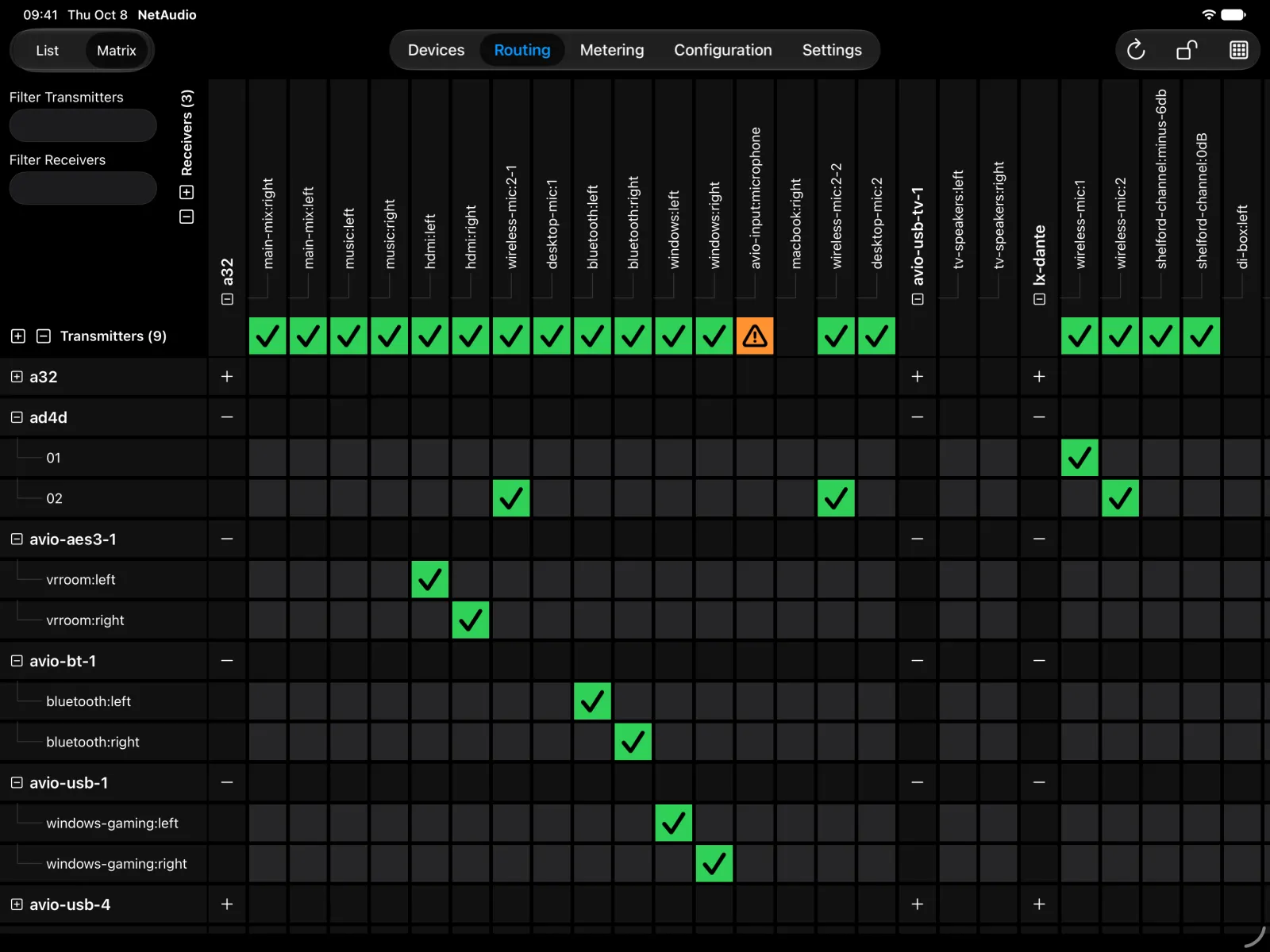 NetAudio on iPad in matrix routing mode. Receive channels of a Ferrofish A32, an Audinate AVIO adapter, and a Digigram LX-Dante card run across the top, and green checks mark routes from a Shure AD4D and AVIO adapters.