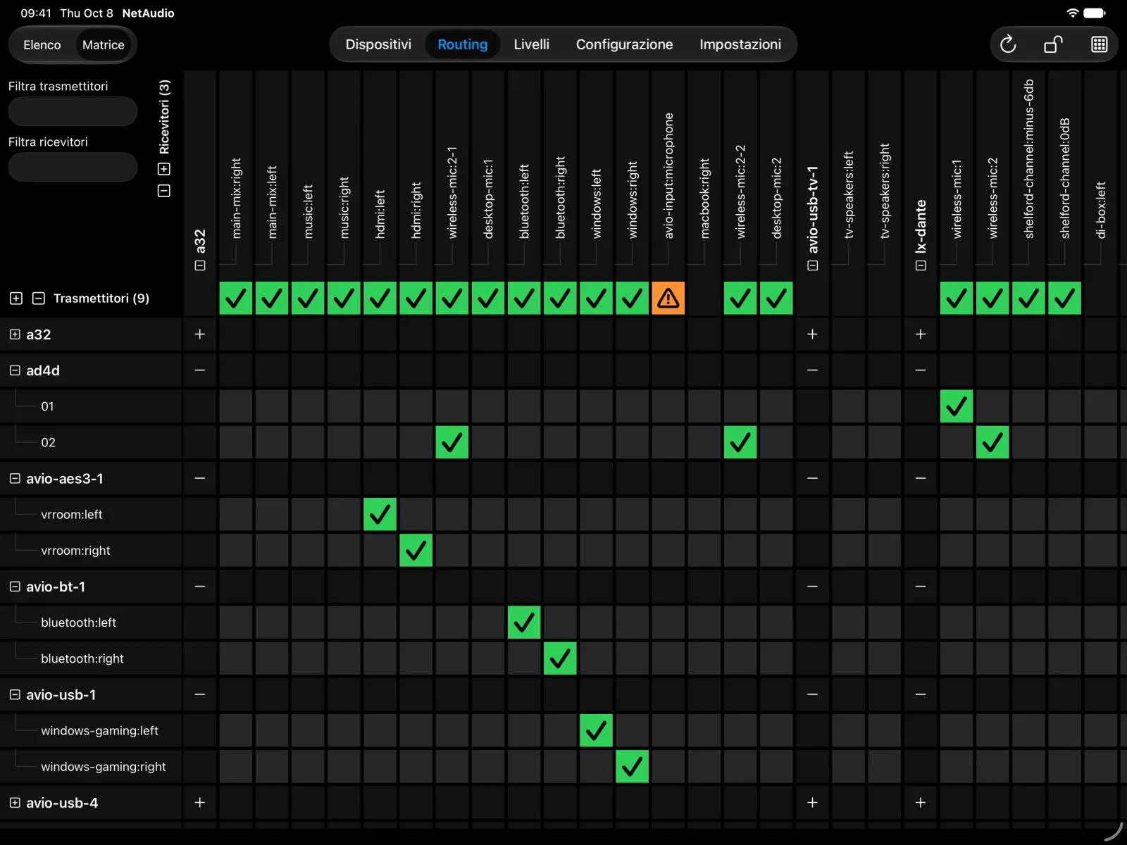 NetAudio su iPad in modalità di routing a matrice. I canali di ricezione di un Ferrofish A32, di un adattatore Audinate AVIO e di una scheda Digigram LX-Dante sono disposti lungo il bordo superiore, e le spunte verdi indicano gli instradamenti da uno Shure AD4D e da adattatori AVIO.