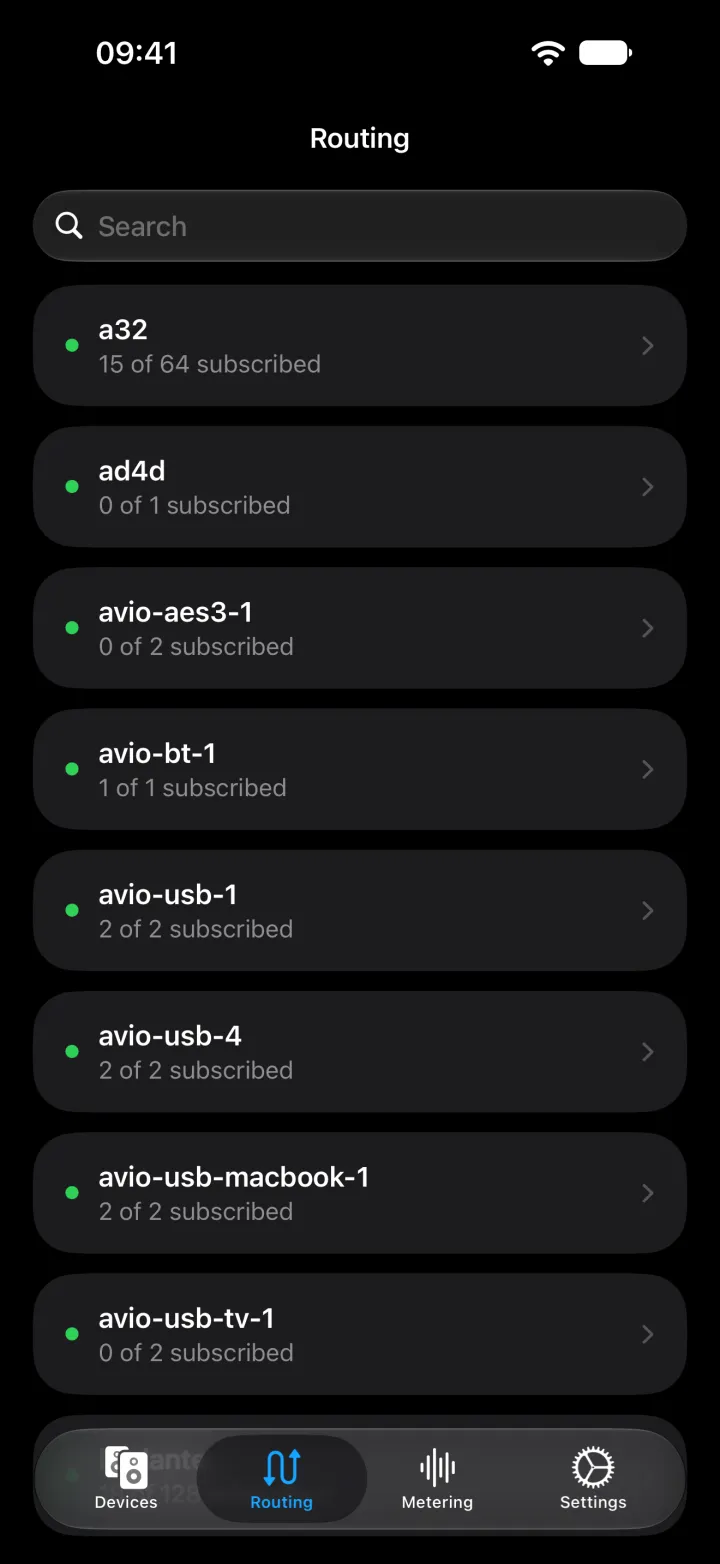 Routing on iPhone listing each device with how many of its receive channels are subscribed.