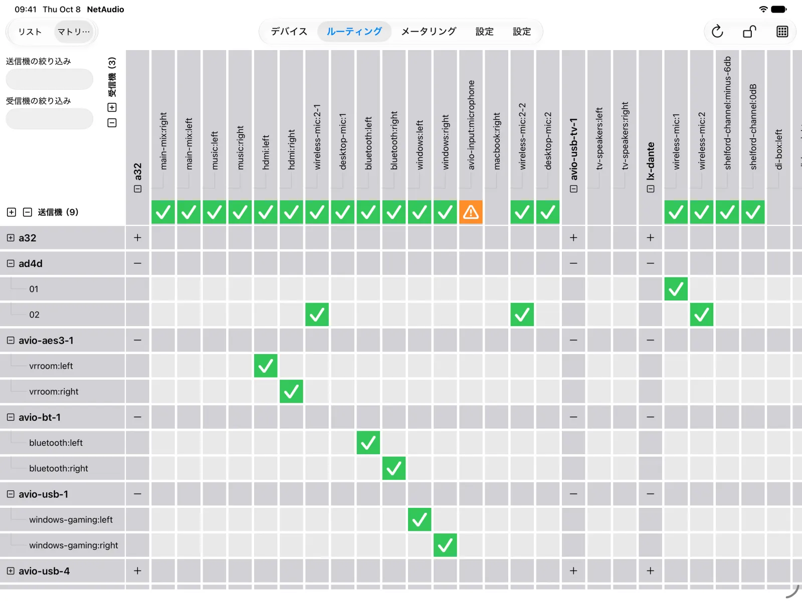 マトリクスルーティングモードの iPad 版 NetAudio。上部に Ferrofish A32、Audinate AVIO アダプター、Digigram LX-Dante カードの受信チャンネルが並び、Shure AD4D と AVIO アダプターからのルートが緑のチェックマークで示されています。