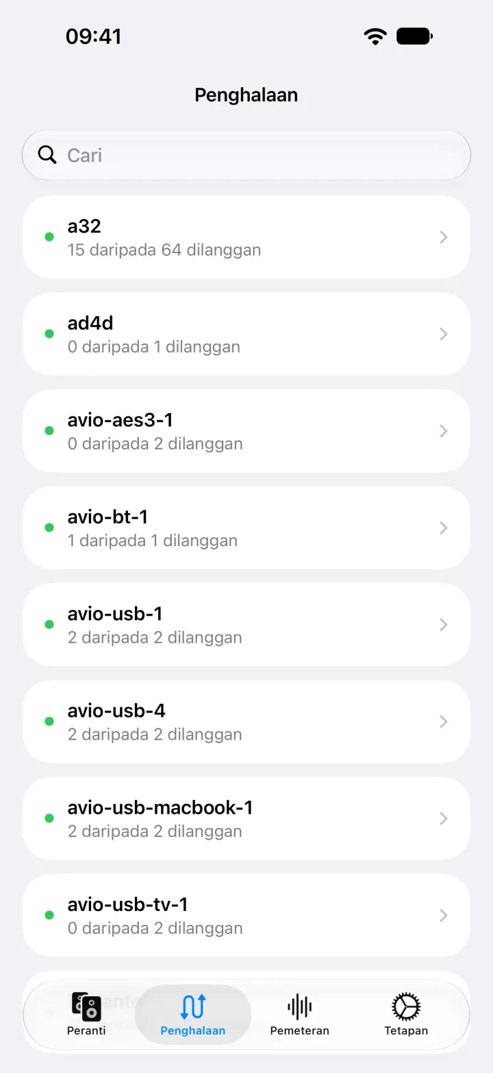 Penghalaan pada iPhone menyenaraikan setiap peranti beserta bilangan saluran terimanya yang dilanggan.