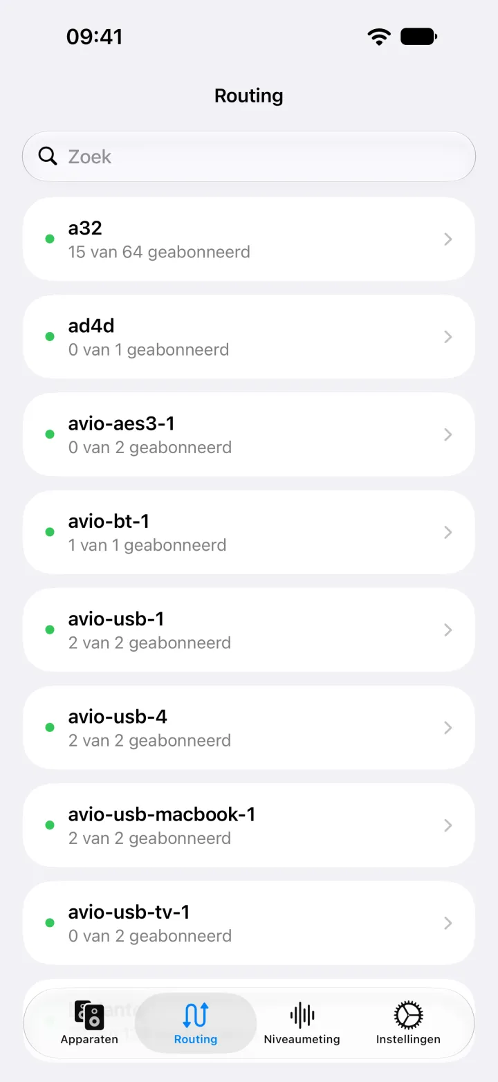 Routing op de iPhone met een lijst van alle apparaten en hoeveel van hun ontvangstkanalen geabonneerd zijn.