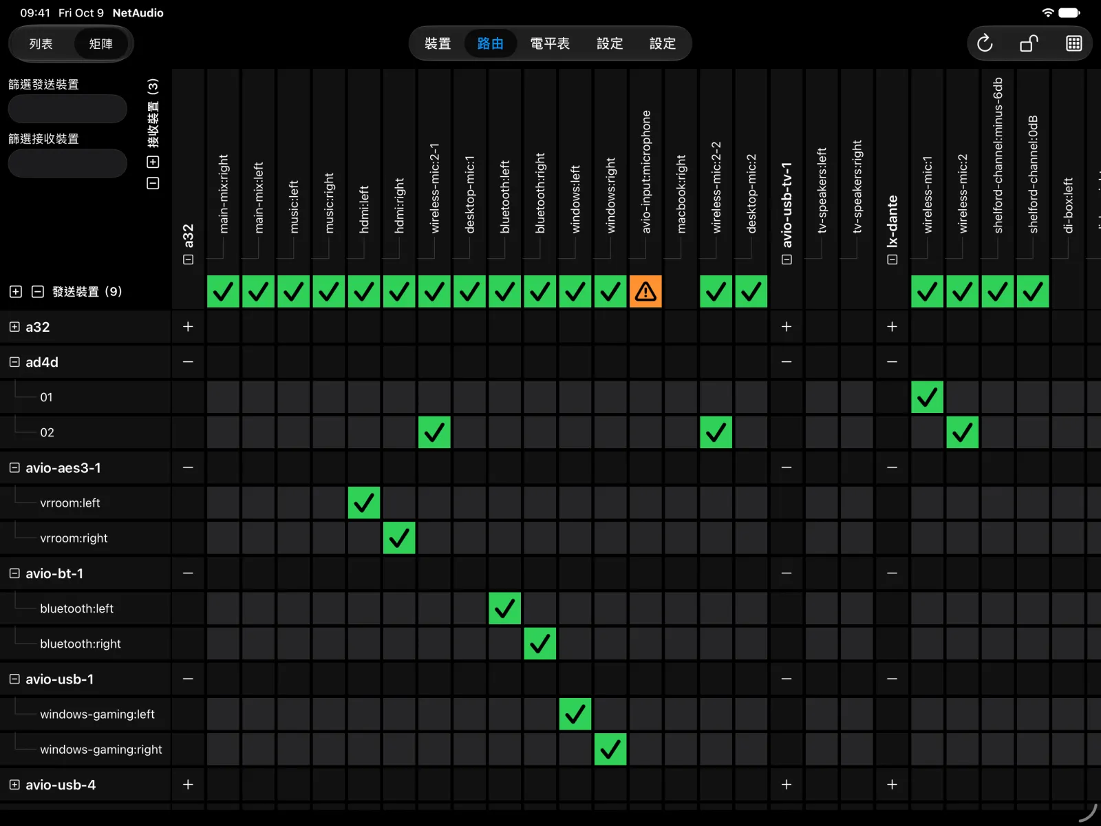 iPad 上處於矩陣路由模式的 NetAudio。頂端橫向排列著一台 Ferrofish A32、一個 Audinate AVIO 轉接器和一張 Digigram LX-Dante 卡的接收通道,綠色勾號標示來自一台 Shure AD4D 和多個 AVIO 轉接器的路由。