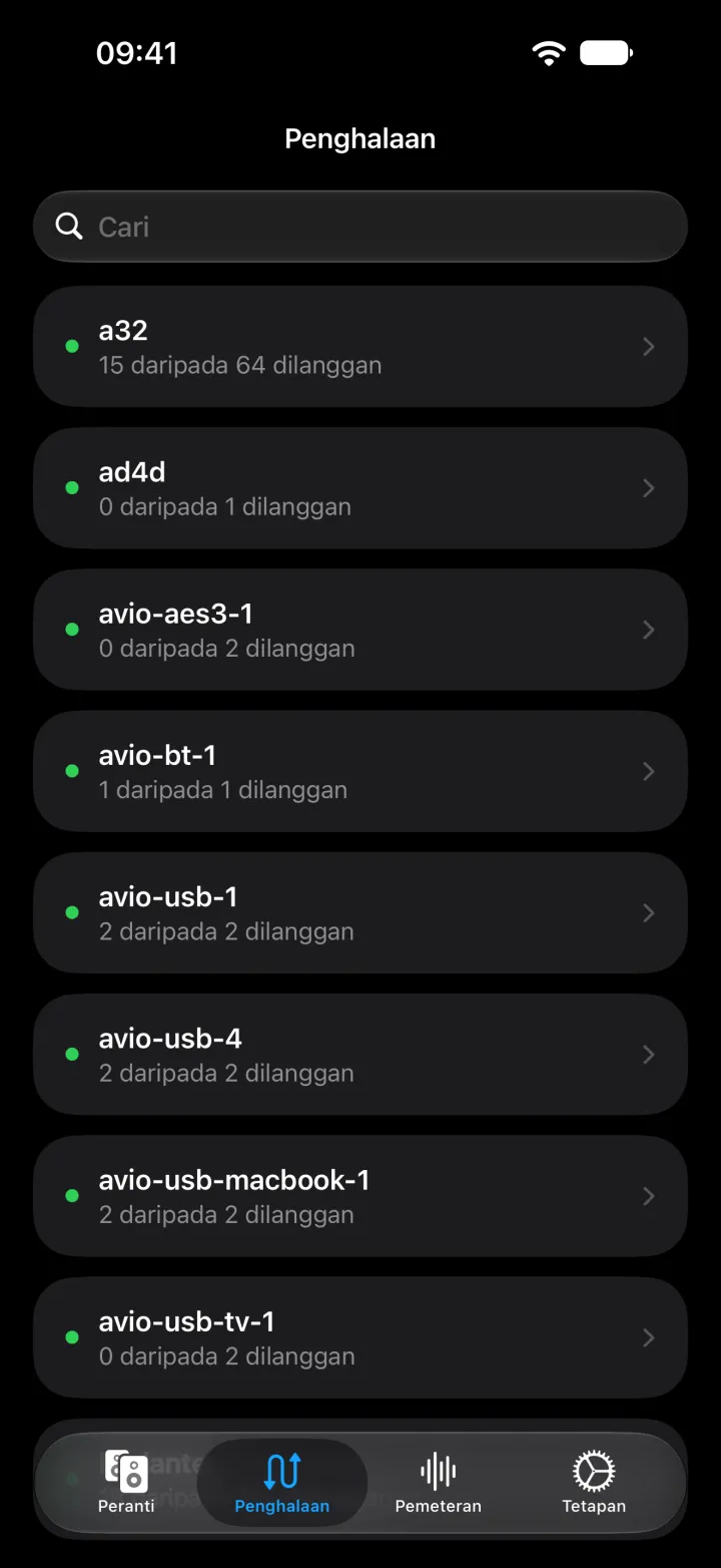 Penghalaan pada iPhone menyenaraikan setiap peranti beserta bilangan saluran terimanya yang dilanggan.