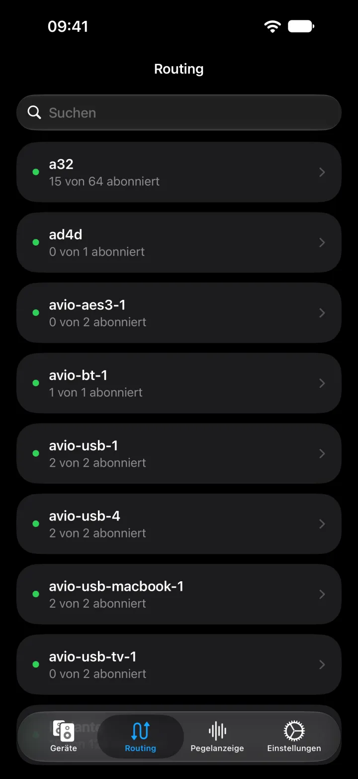 Routing auf dem iPhone mit allen Geräten und der Anzahl ihrer abonnierten Empfangskanäle.